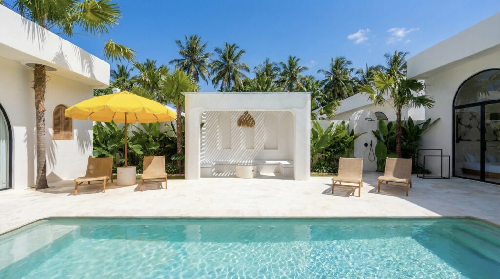 Modern Bali villa with private pool, lush greenery, and tropical-zen design for ultimate relaxation.