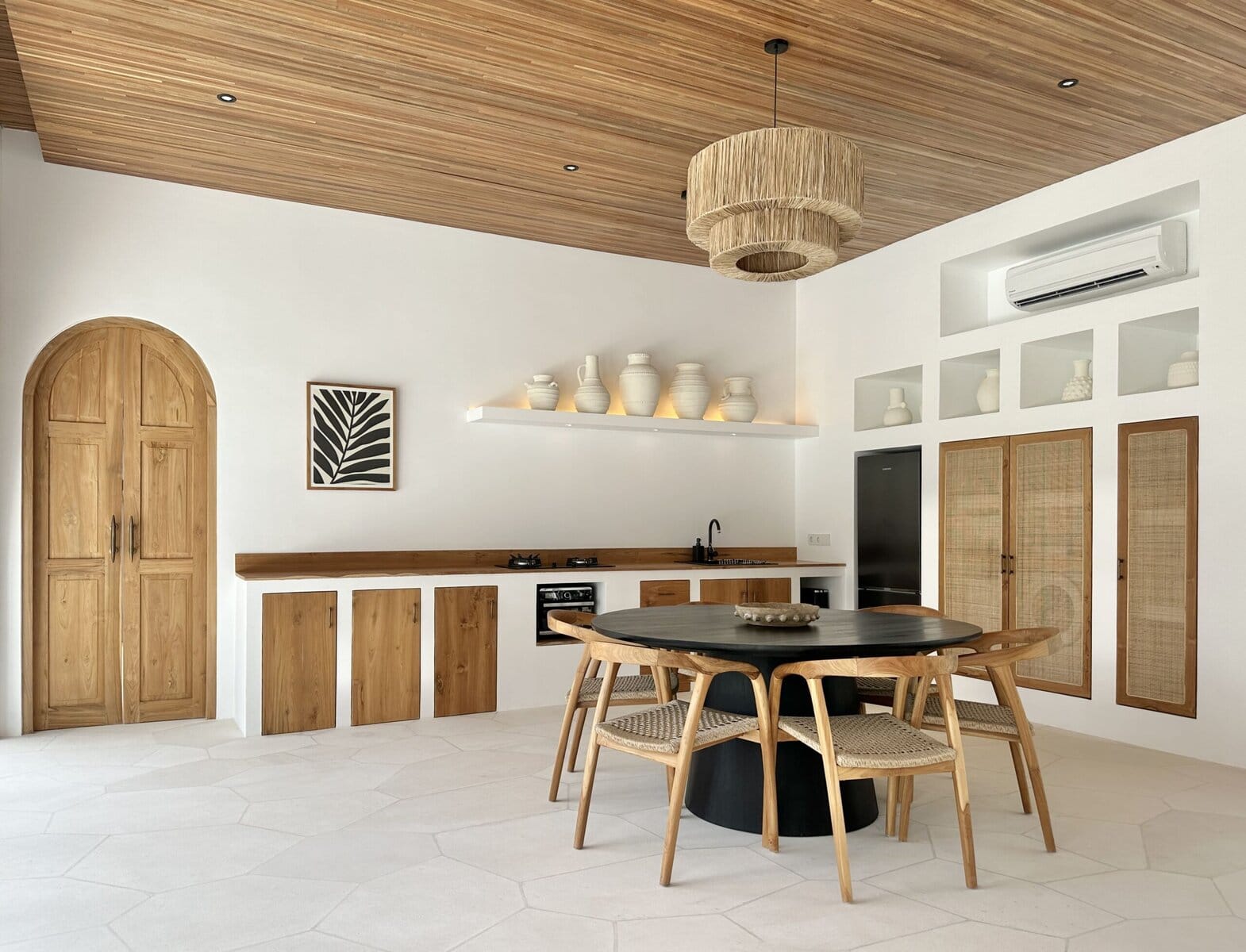 Modern minimalist Bali villa with natural wood accents and elegant decor.