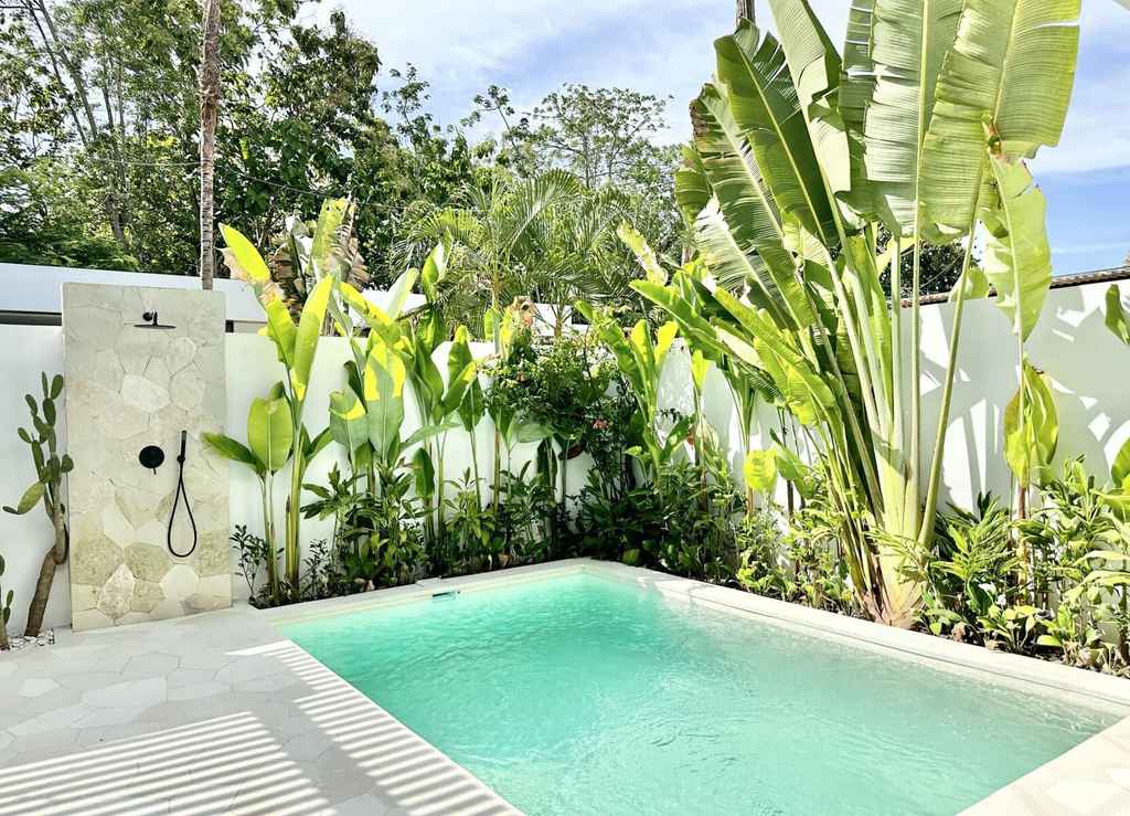 A private pool surrounded by lush tropical foliage with white tiles in a serene outdoor setting.