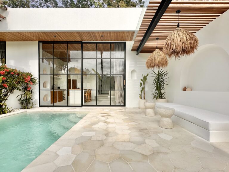 A chic, modern villa in Bingin, Uluwatu, featuring a private pool, stylish decor, and tropical ambiance for ultimate relaxation.