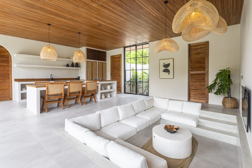 Bright, modern living space with minimalist tropical decor in Bingin, Bali. Perfect seaside retreat.
