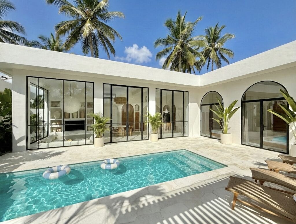 High-end modern villa featuring a private pool, lush palms, and stylish interiors, ideal for a luxurious Bali vacation in Uluwatu.