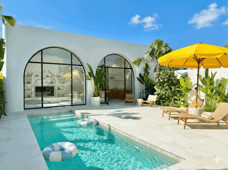 Instagram-worthy aesthetic villa design with soft lighting and natural textures.