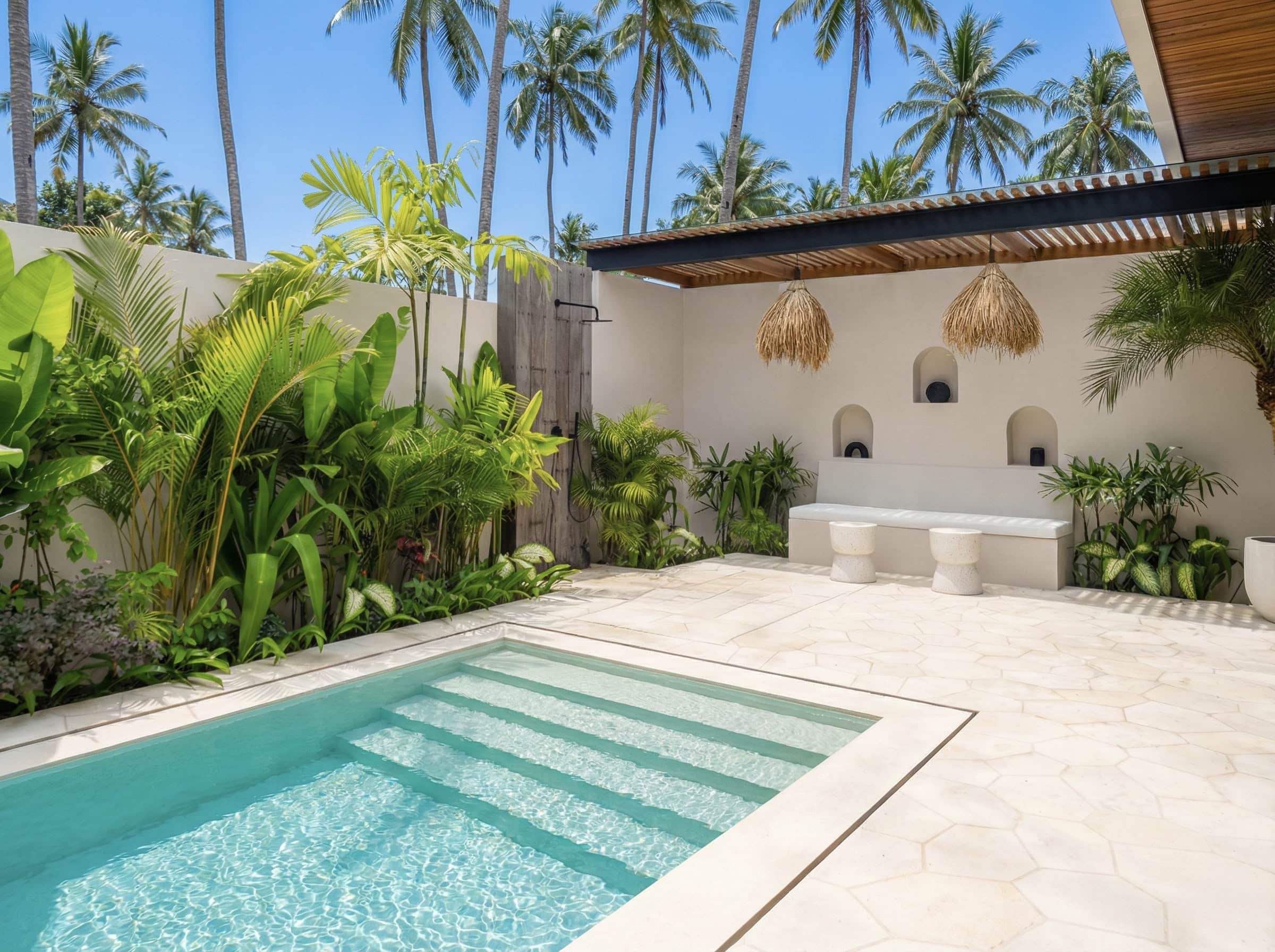 The Young Villas: Elegant private pool area with lush tropical greenery in Bingin, Uluwatu.