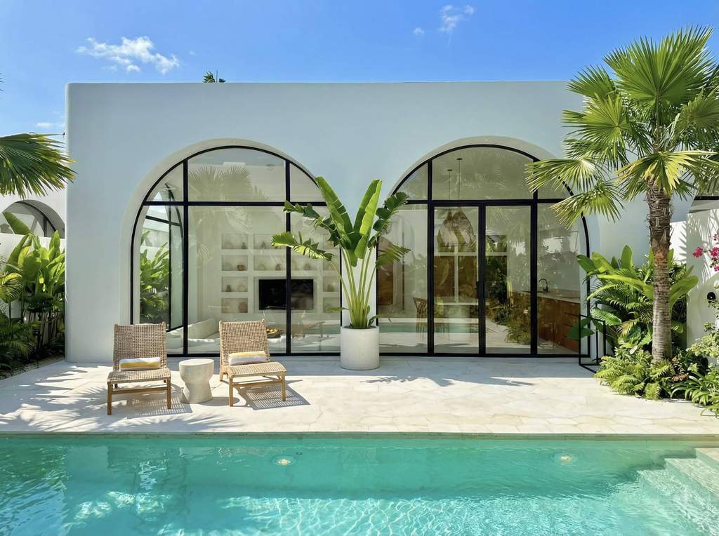 The Young Villas: Luxury tropical-modern rentals in Uluwatu, Bali, showcasing a sleek villa with lar.