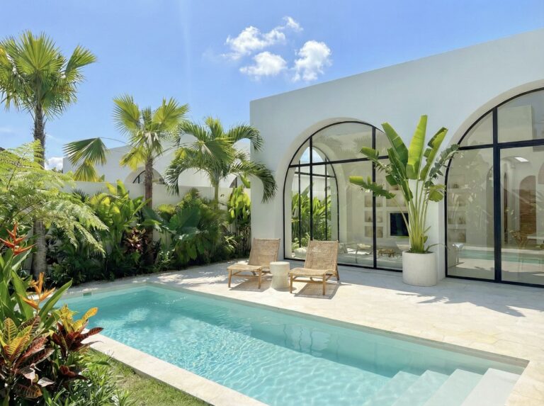 Secluded and romantic honeymoon villa layout with privacy walls and pool.