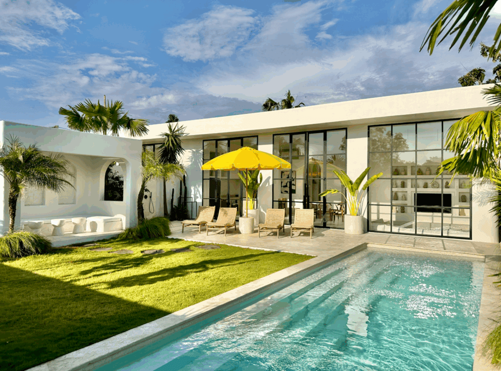 Stunning modern Bali villa featuring a private family-friendly pool, lush garden, and contemporary design in Uluwatu. Perfect for family vacations.