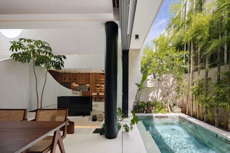 Modern tropical villa featuring a private pool and lush garden in Canggu, Bali’s trendy destination.