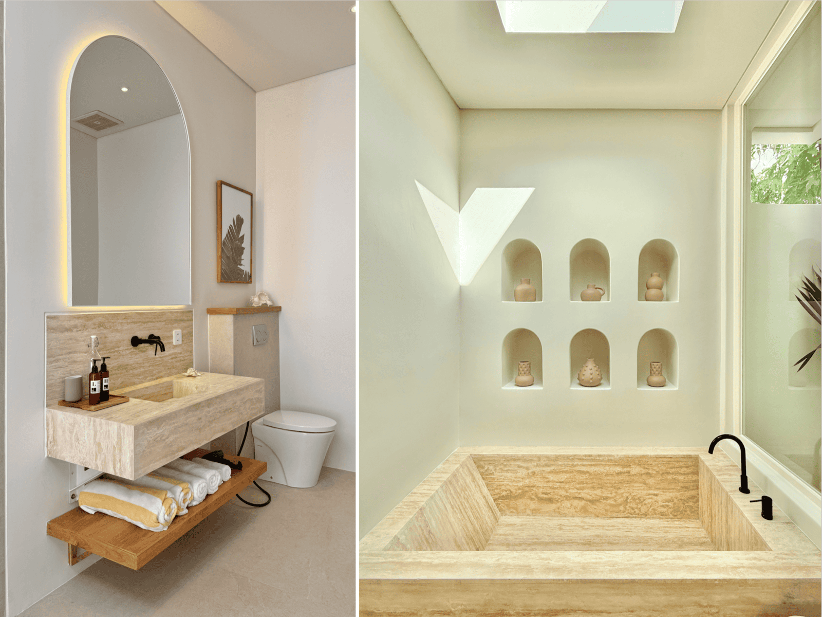 Minimalist modern bathroom with natural stone accents and decorative niches.