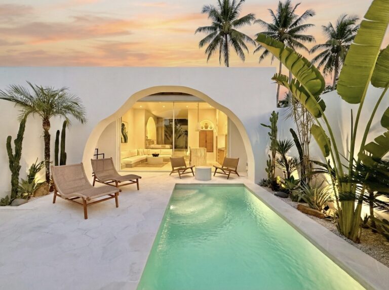 Stylish Bali villa with private pool, tropical plants, and modern minimalist design.