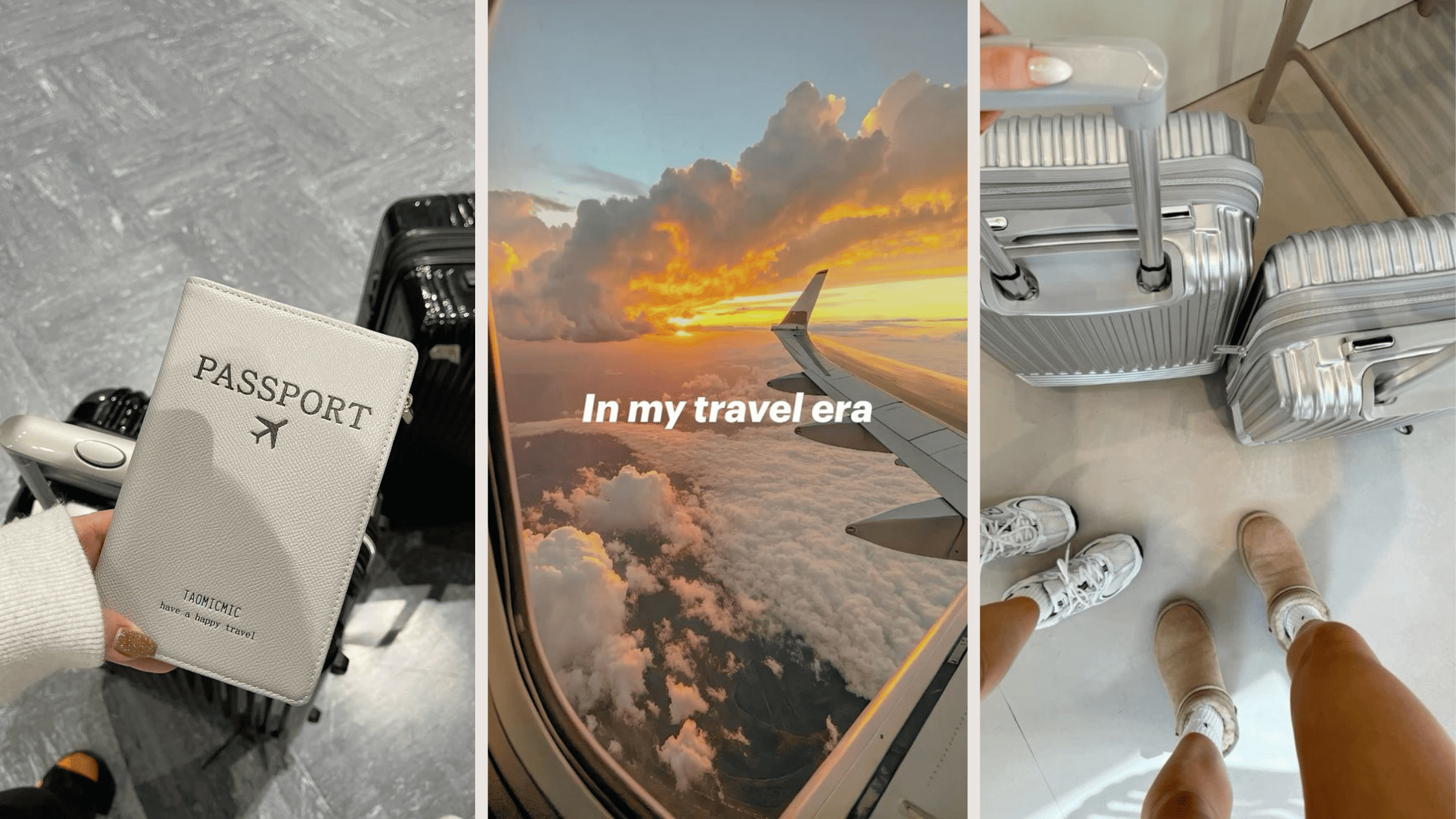 A collage of travel aesthetic images including a white passport holder, a sunset view from a plane window with the text 'In my travel era', and silver suitcases, perfect for travelers preparing to pay the Bali tourist levy.