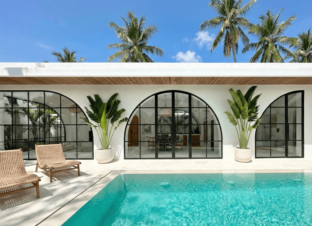 luxurious private villa with a swimming pool featuring Mediterranean architecture in Uluwatu Bali