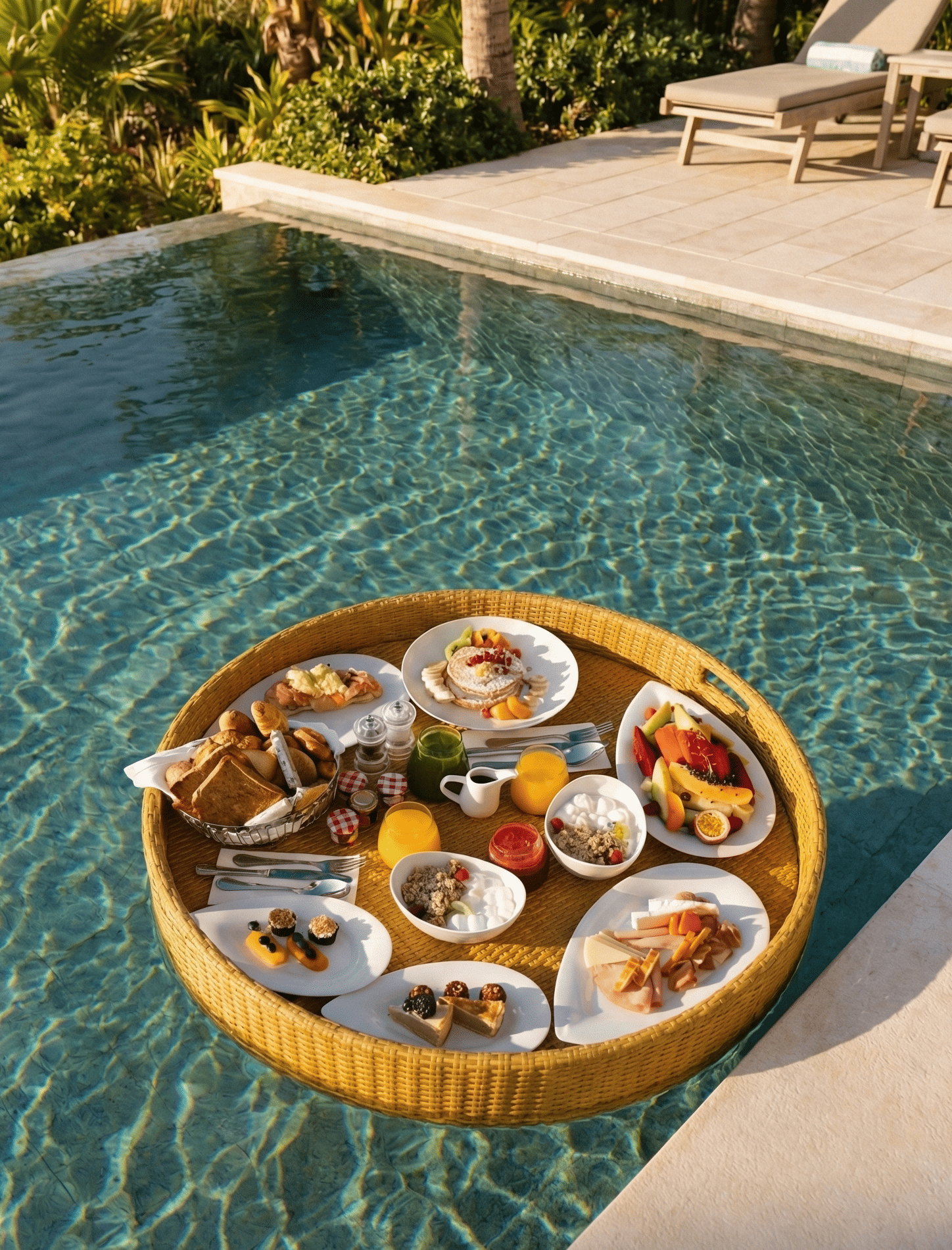 Woven floating breakfast tray filled with pancakes, fresh fruit, pastries, and juices drifting in a crystal-clear luxury infinity pool with a lush tropical palm tree background.