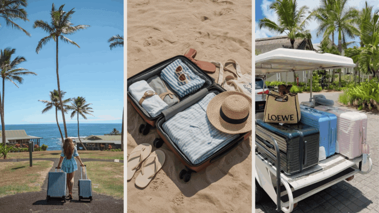 Luxury tropical-modern rentals in Uluwatu, Seseh, and Canggu, Bali. Scene of beach luggage and sunb,.