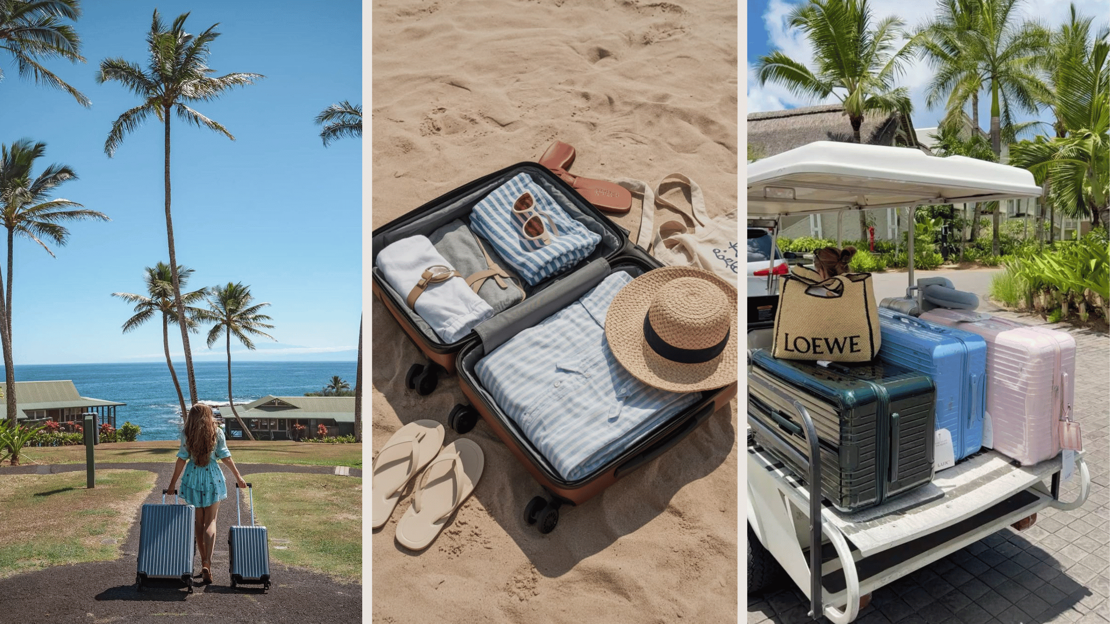 Luxury tropical-modern rentals in Uluwatu, Seseh, and Canggu, Bali. Scene of beach luggage and sunb,.