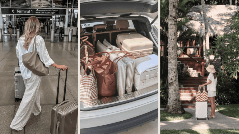 Luxury tropical-modern rentals in Uluwatu, Seseh, and Canggu, Bali. Scene of a woman with luggage at.
