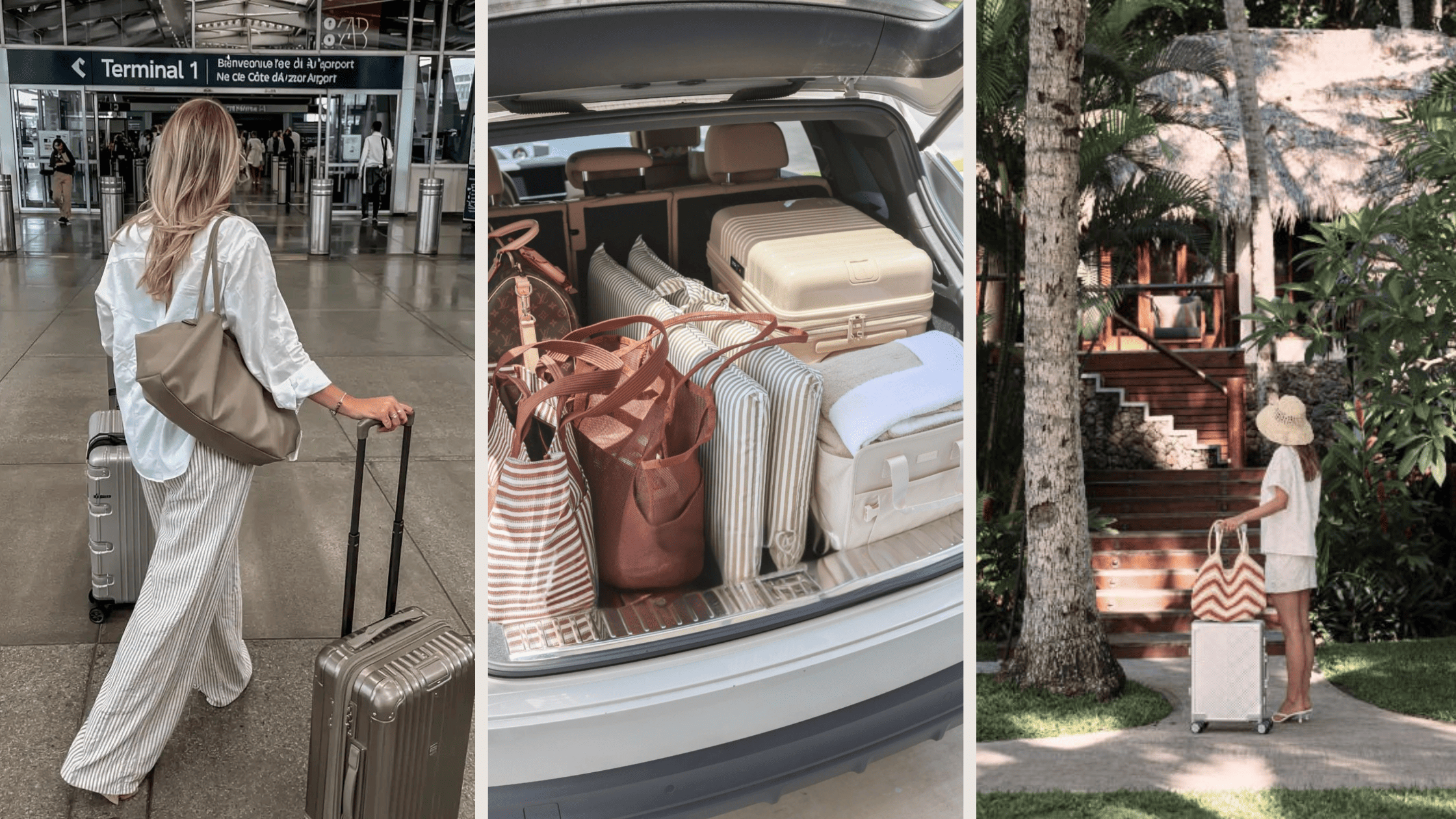 Luxury tropical-modern rentals in Uluwatu, Seseh, and Canggu, Bali. Scene of a woman with luggage at.